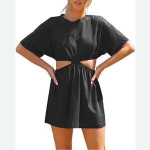 Cutout Waist T-Shirt Dress Mini Washed Black Knit Crewneck‎ Pockets Women’s S